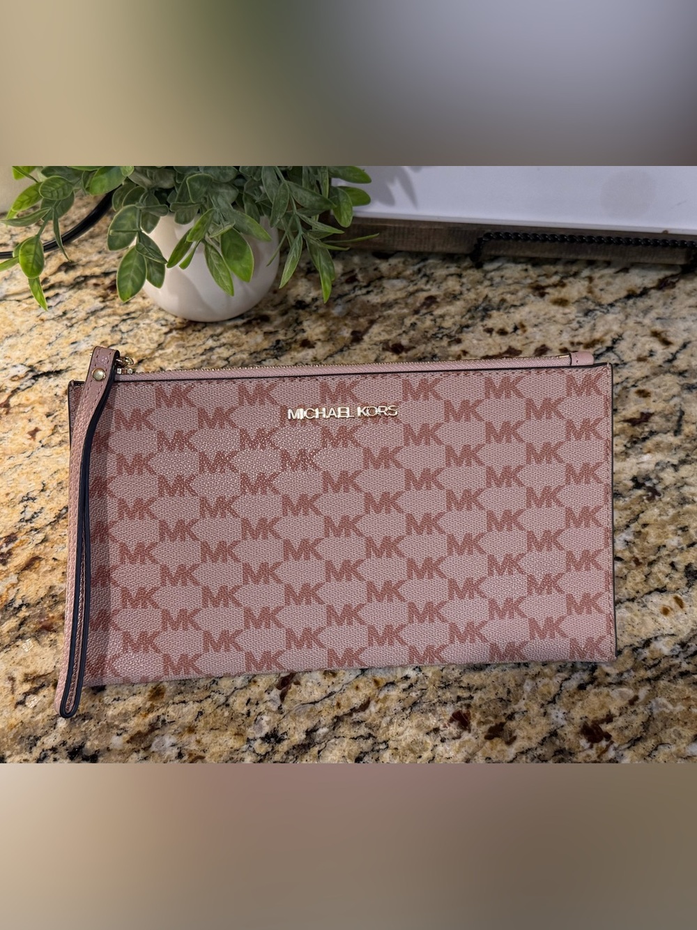 Michael Kors Dusty Rose Signature Logo Wristlet with Gold Logo
